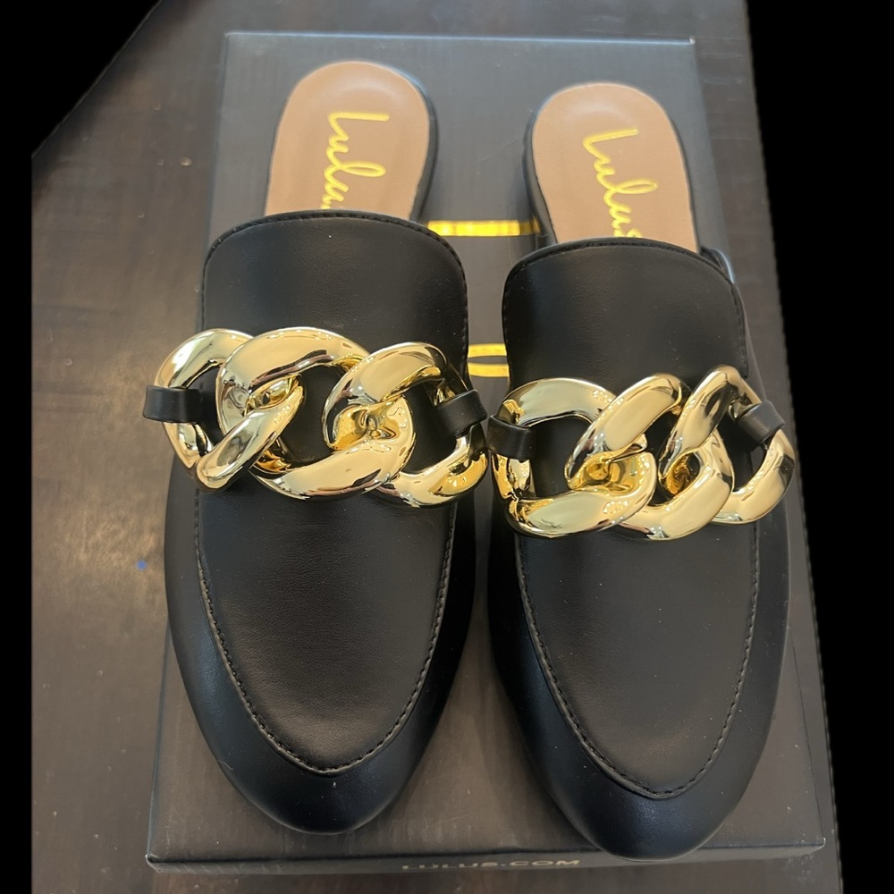 Lulu's Black Loafers with Gold Accent